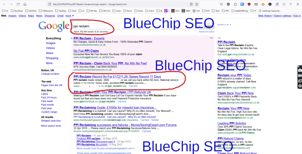 Screenshot showing BlueChip SEO client ranking in number one position for "PP Reclaim" search term in Google